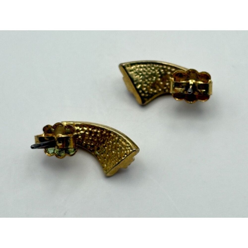 Gold Tone Rhinestone Stud Earrings With Curved Design Elegant Fashion Jewelry - Picture 2 of 6